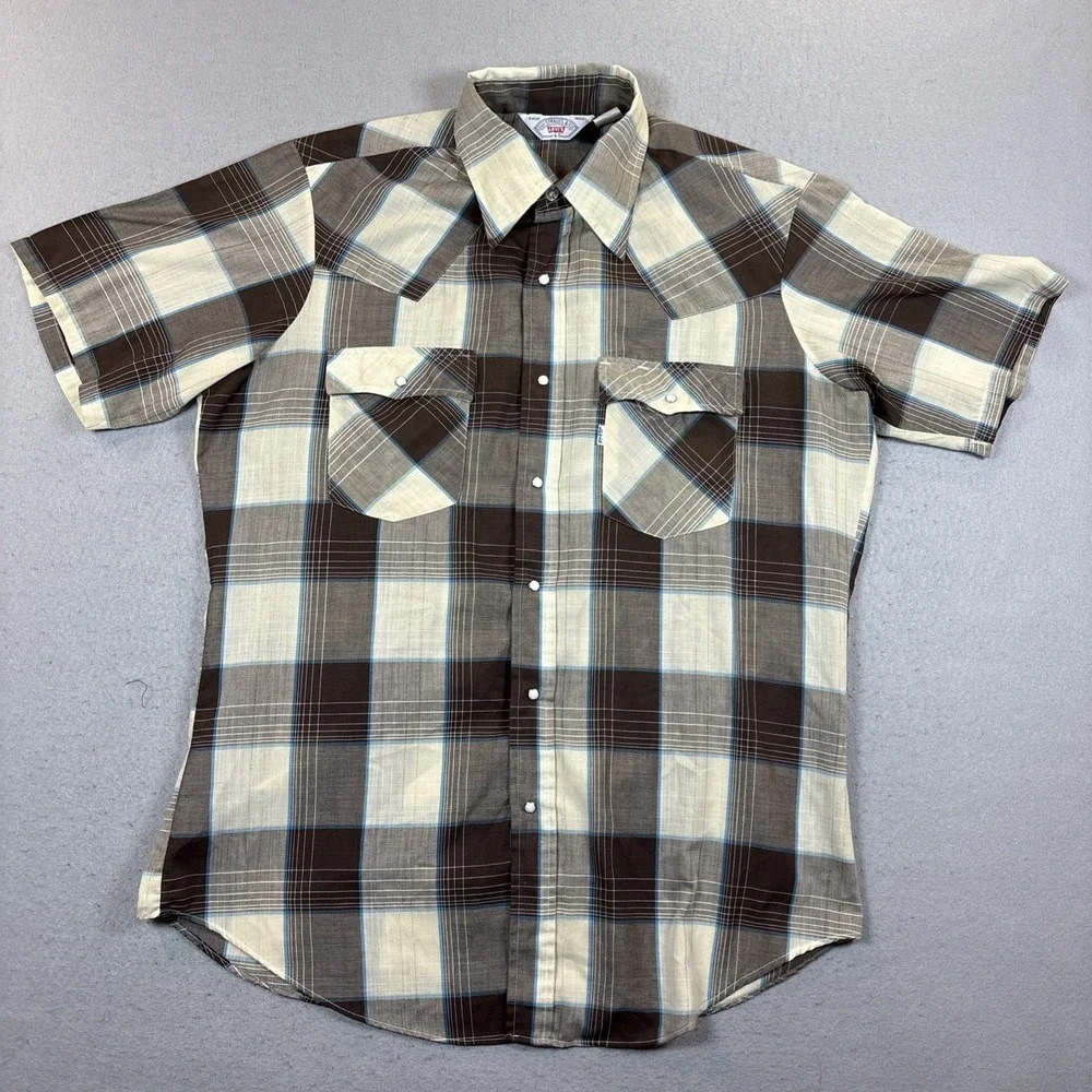 VTG Levi's Strauss Mens Western L Short Sleeve Pearl Snap Shirt Brown Plaid 80's